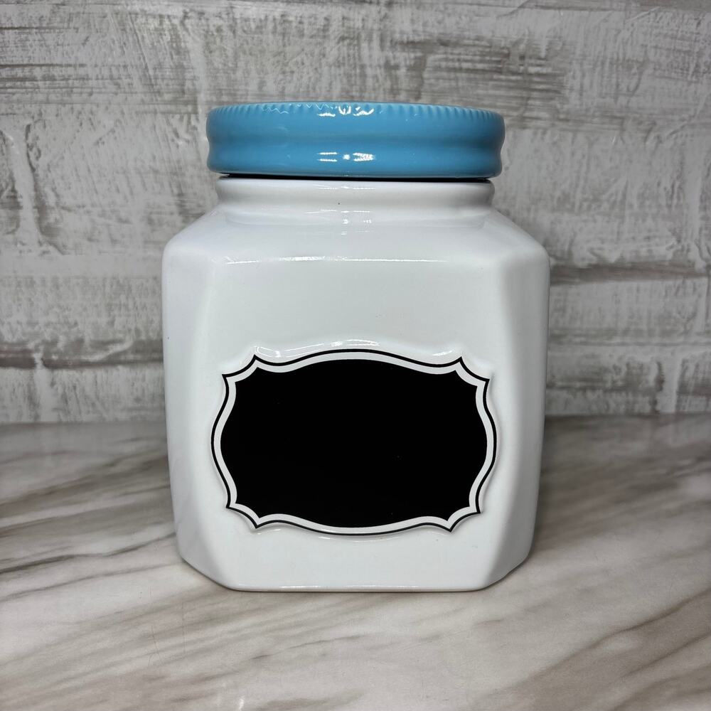 Large White Ceramic Canister with Blue Lid and Chalkboard Label